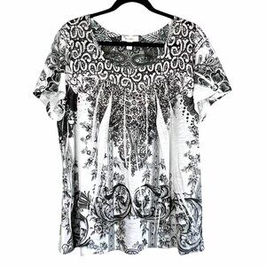 Dressbarn Blouse Top Womens 2X Black & White Paisley Print Embellished EUC